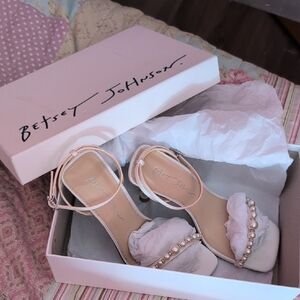 Betsey Johnson SB-Jacy Ivory Pearl-Embellished Ankle Strap Heels